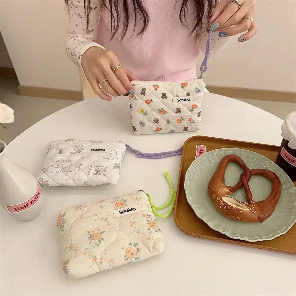 Fashion Small Fresh Cotton Coin Wallet Flower Pattern Zipper Coin Purses Lady Girls MakeUp Bag Key Money Storage Bag