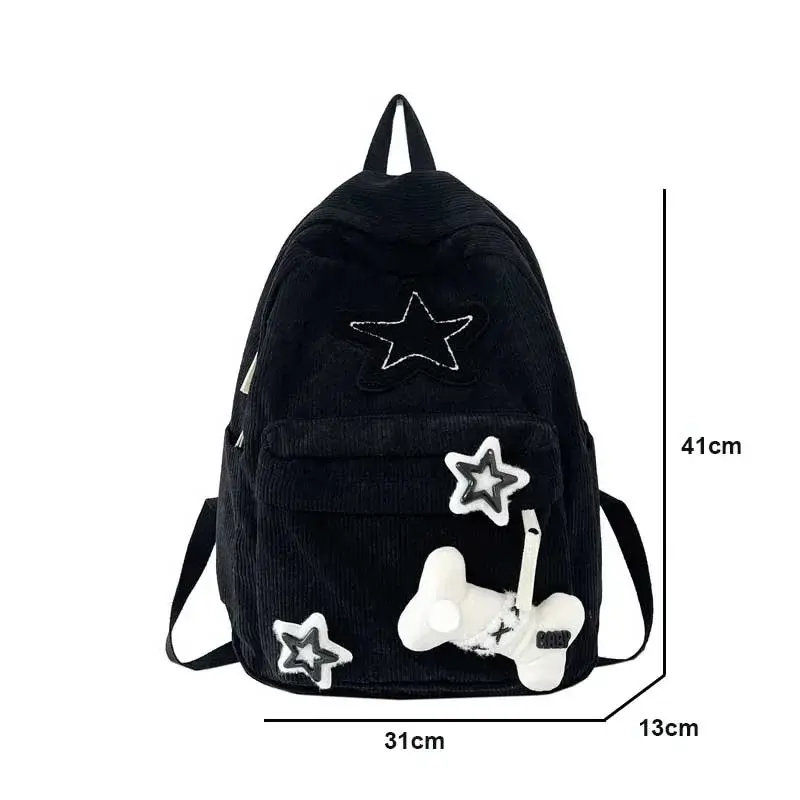 Y2K Girls Star Pattern Laptop Backpack Teen Student Large Capacity School Bookbag Corduroy Rucksack Double Strap Shoulder Bag