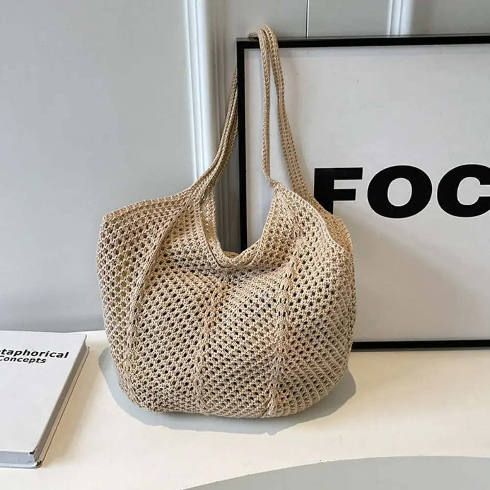 Fashion Women's Hollow Woven Shoulder Bags Large Capacity Knitting Underarm Bag Solid Crochet Tote Handbag Summer Mesh Beach Bag