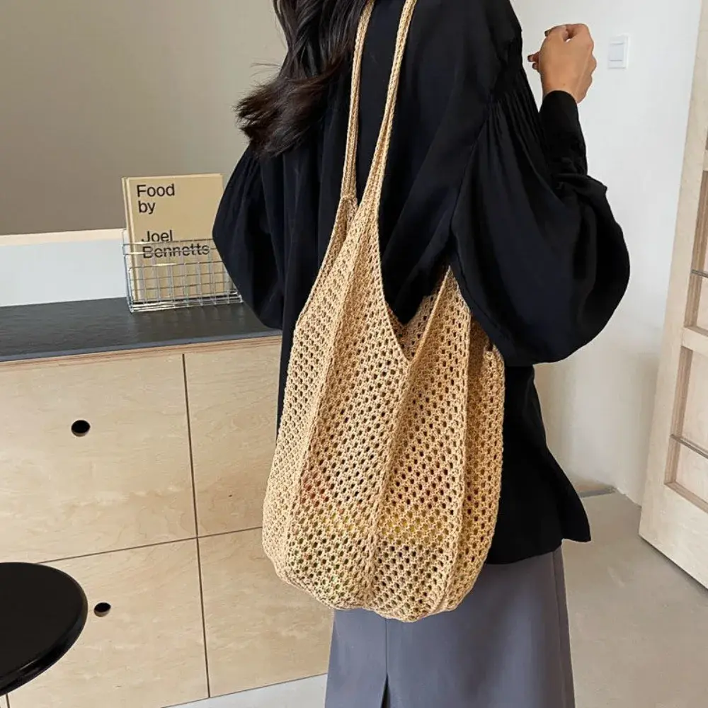 Fashion Women's Hollow Woven Shoulder Bags Large Capacity Knitting Underarm Bag Solid Crochet Tote Handbag Summer Mesh Beach Bag