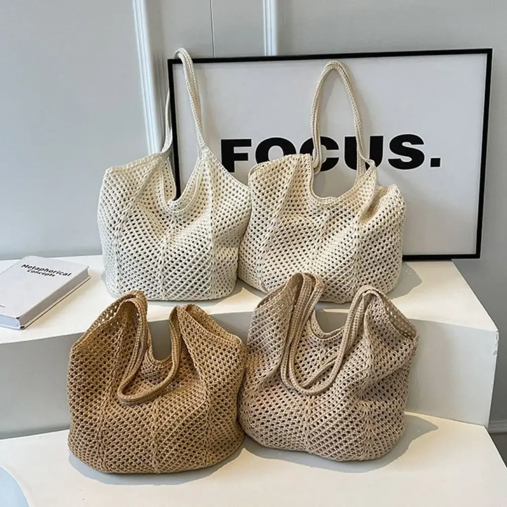 Fashion Women's Hollow Woven Shoulder Bags Large Capacity Knitting Underarm Bag Solid Crochet Tote Handbag Summer Mesh Beach Bag