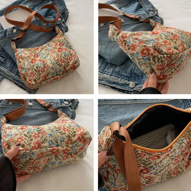 Women Small Underarm Bag Chinese Style Shoulder Bag Versatile Literary Prints Cloth Crescent Pack Portable Women's Handbags