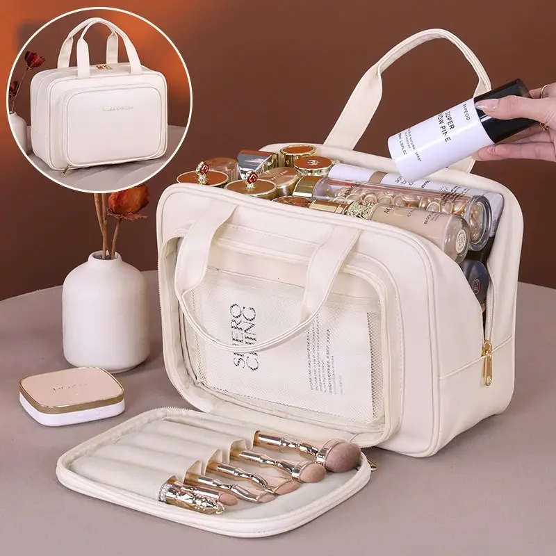 New PU Leather Cosmetic Bag For Women Multifunctional Portable Storage Makeup Bag Large Capacity Travel Toiletry Storage Bag