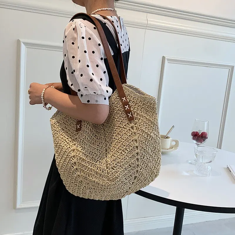 Summer Straw Woven Shoulder Bag Rattan Beach Large Capacity Tote Bags Handmade Vacation Travel Handle Bag Shopping Handbag Bolsa