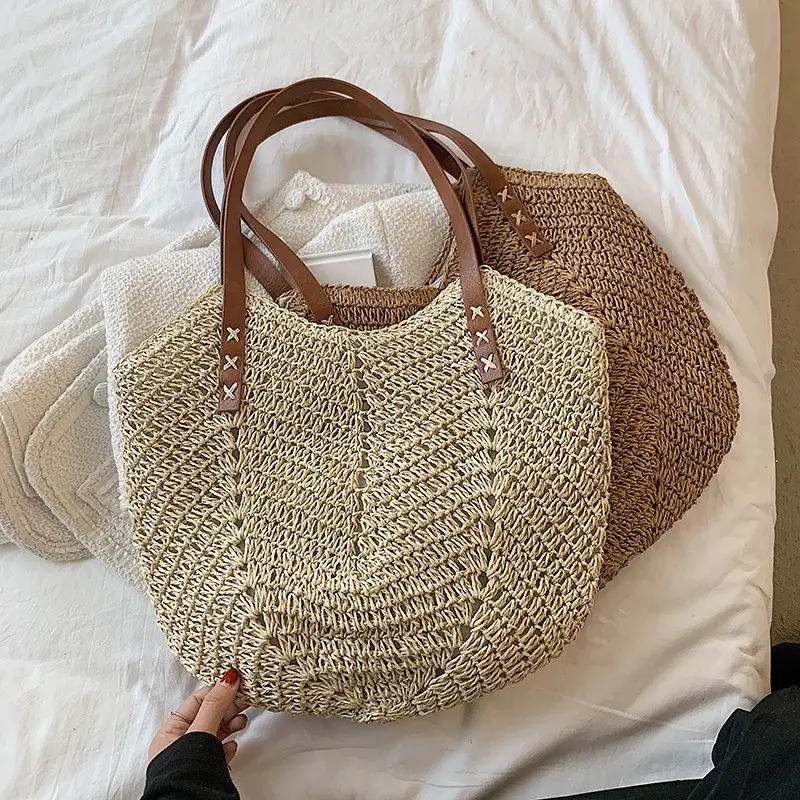 Summer Straw Woven Shoulder Bag Rattan Beach Large Capacity Tote Bags Handmade Vacation Travel Handle Bag Shopping Handbag Bolsa