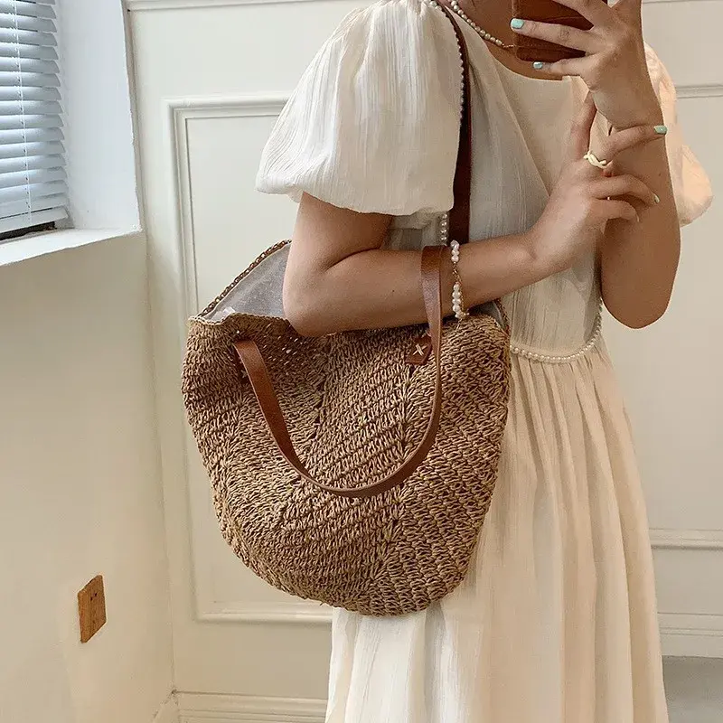Summer Straw Woven Shoulder Bag Rattan Beach Large Capacity Tote Bags Handmade Vacation Travel Handle Bag Shopping Handbag Bolsa