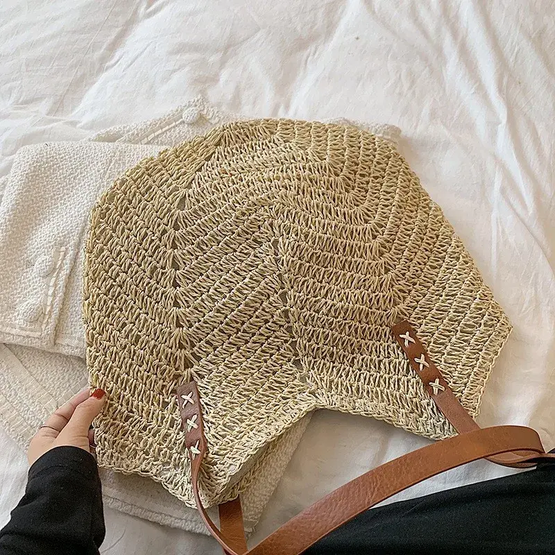 Summer Straw Woven Shoulder Bag Rattan Beach Large Capacity Tote Bags Handmade Vacation Travel Handle Bag Shopping Handbag Bolsa