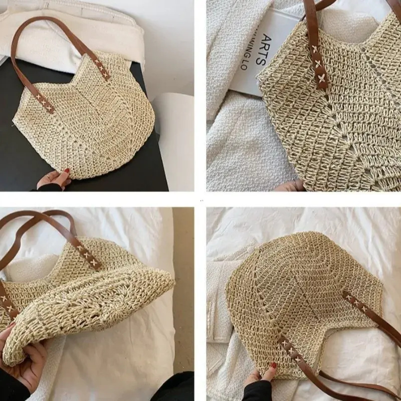 Summer Straw Woven Shoulder Bag Rattan Beach Large Capacity Tote Bags Handmade Vacation Travel Handle Bag Shopping Handbag Bolsa