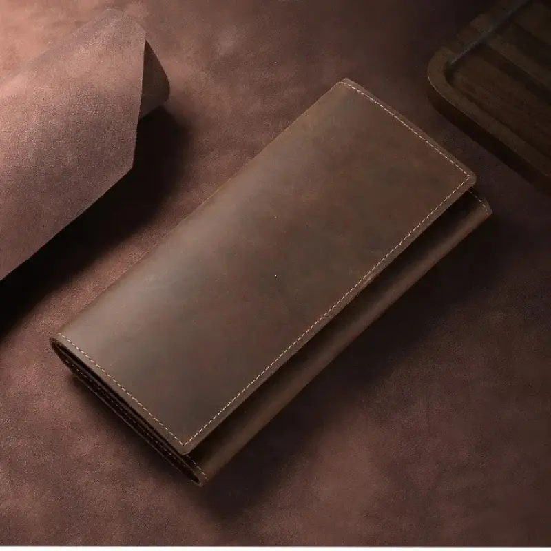 Retro Long Leather Wallet Men Foldable Business Head Layer Cowhide Handheld Bag Anti-Theft Daily Match Shopping Bag Matching