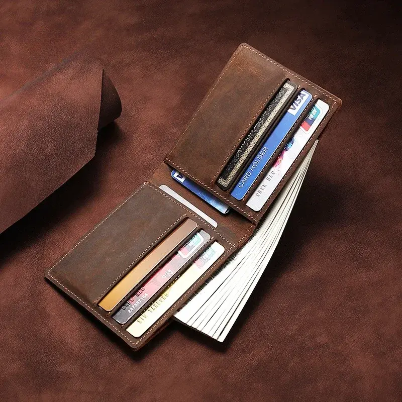 Retro Long Leather Wallet Men Foldable Business Head Layer Cowhide Handheld Bag Anti-Theft Daily Match Shopping Bag Matching