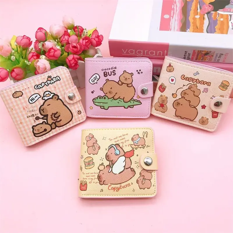 Foldable Capybara Wallet Short Money Bag Cute Coin Purse PU Leather Mini Purse Card Holder with Buttons Money Clip Purses Women
