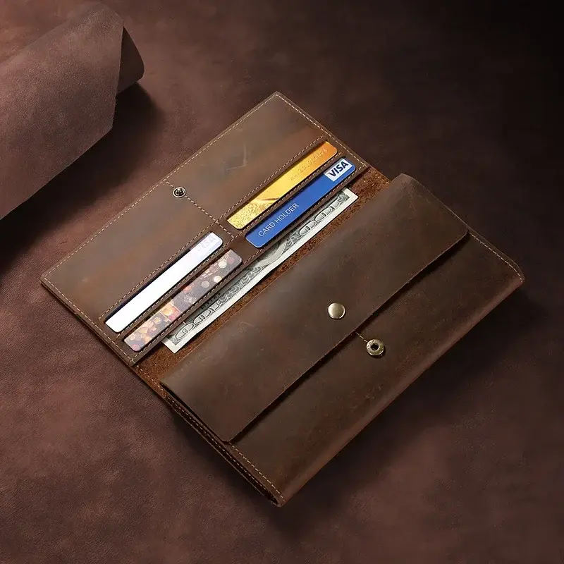 Retro Long Leather Wallet Men Foldable Business Head Layer Cowhide Handheld Bag Anti-Theft Daily Match Shopping Bag Matching