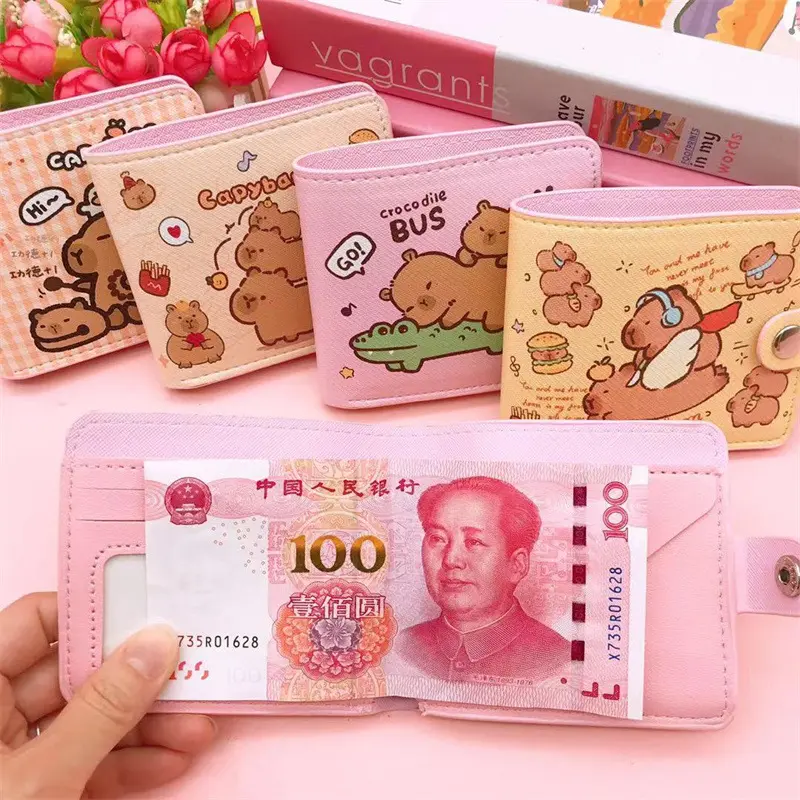 Foldable Capybara Wallet Short Money Bag Cute Coin Purse PU Leather Mini Purse Card Holder with Buttons Money Clip Purses Women
