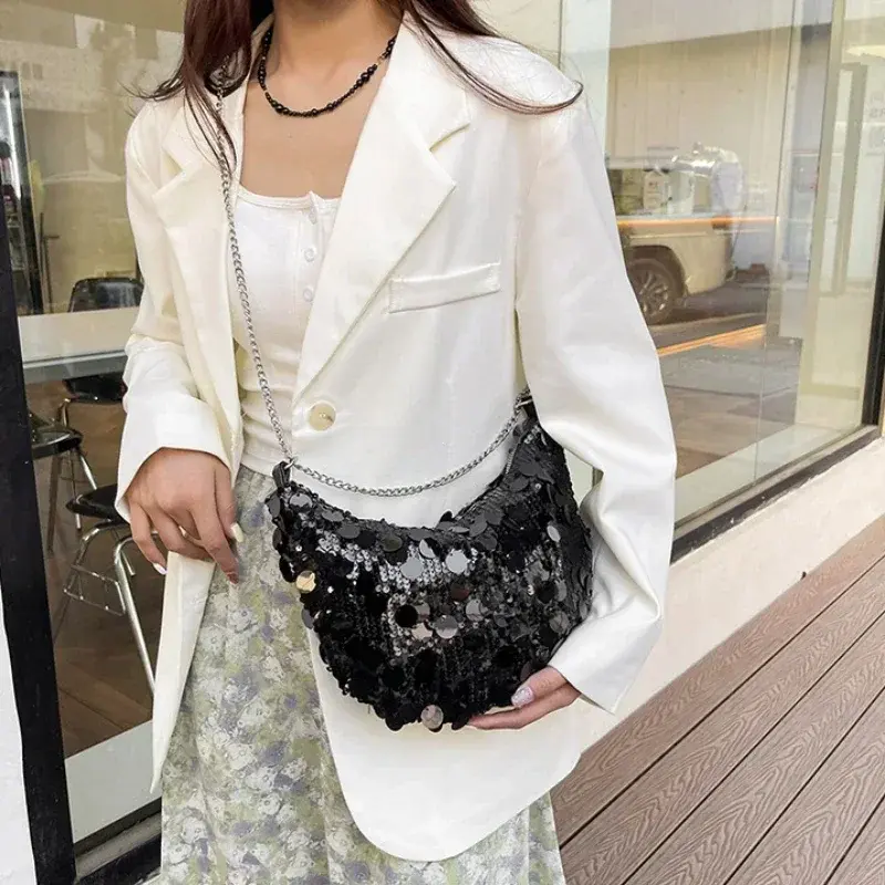 Korean Chain Sequins Women Crossbody Bag Simple Solid Color Sequins Shoulder Bag Personality Evening Clutch Bags Wedding Handbag