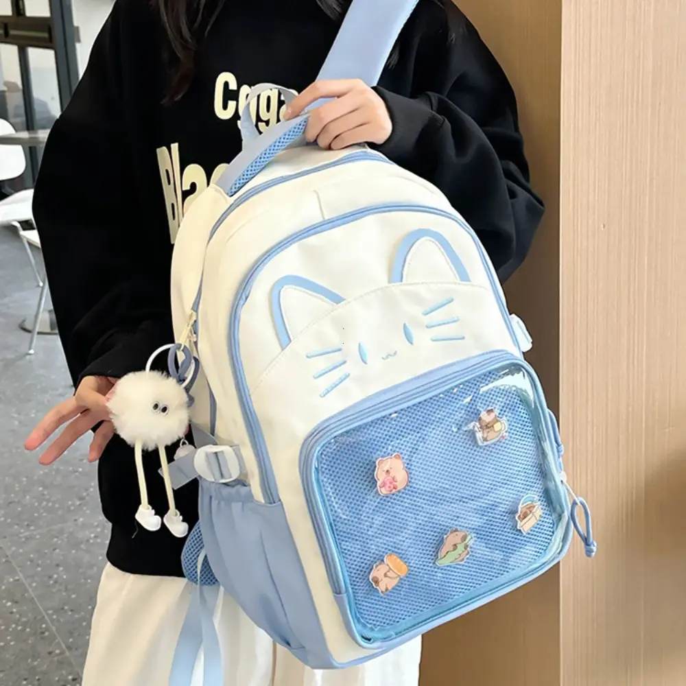 Y2K Cute Cat Ita Backpacks Large Capacity Knapsack Casual Girl Transparent DIY Display Rucksack Cartoon Trendy Travel Schoolbags