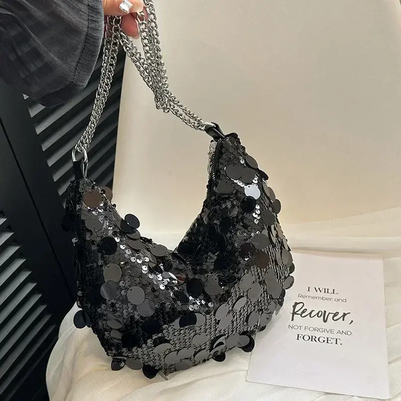 Korean Chain Sequins Women Crossbody Bag Simple Solid Color Sequins Shoulder Bag Personality Evening Clutch Bags Wedding Handbag