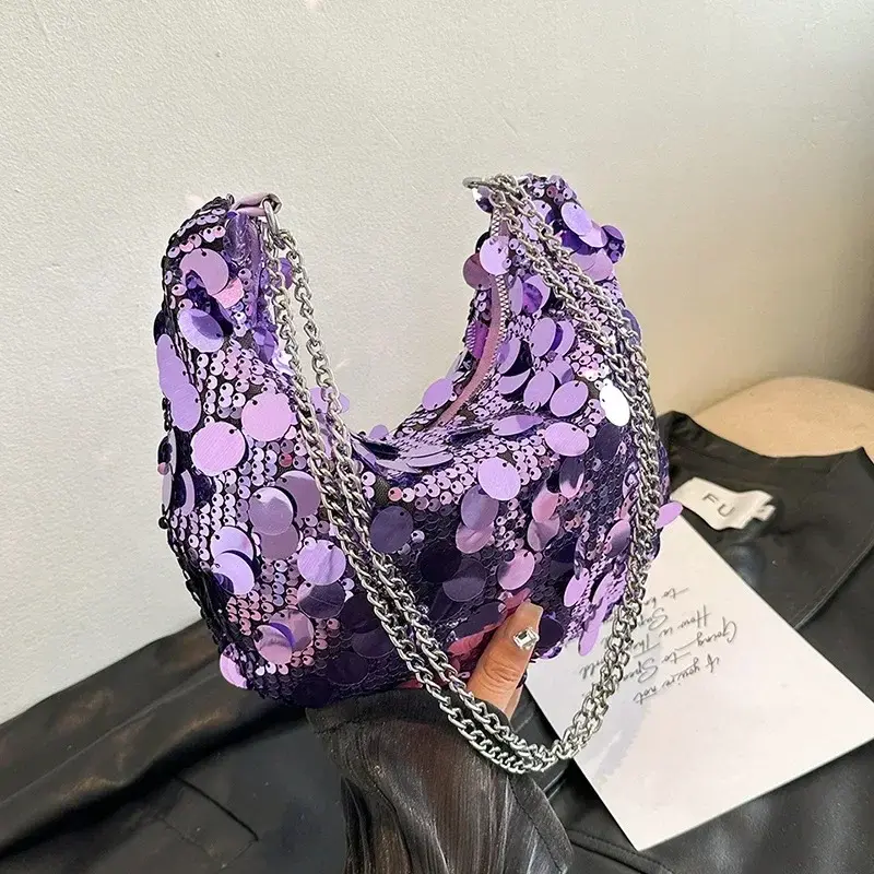 Korean Chain Sequins Women Crossbody Bag Simple Solid Color Sequins Shoulder Bag Personality Evening Clutch Bags Wedding Handbag