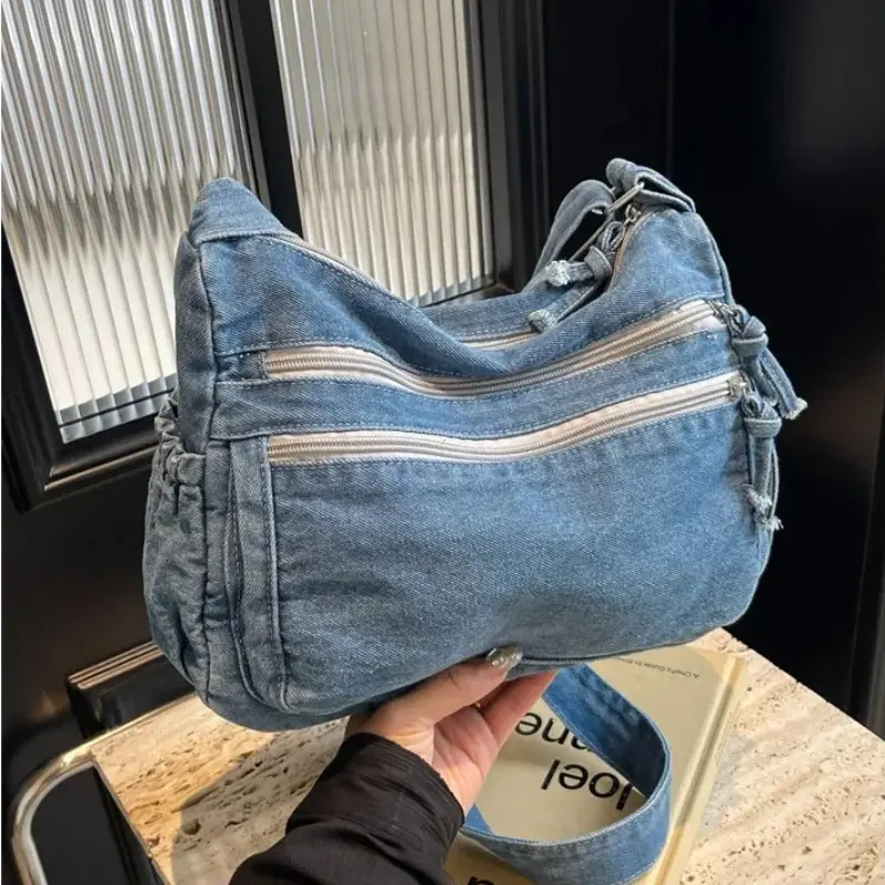 Vintage Denim Women's Shoulder Bag Large Capacity Messenger Bag Multi-pockets Satchel Bags Adjustable Strap Ladies Crossbody Bag