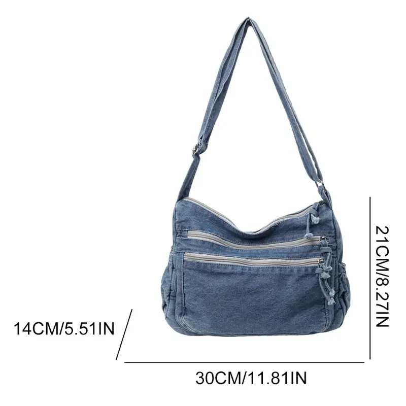 Vintage Denim Women's Shoulder Bag Large Capacity Messenger Bag Multi-pockets Satchel Bags Adjustable Strap Ladies Crossbody Bag
