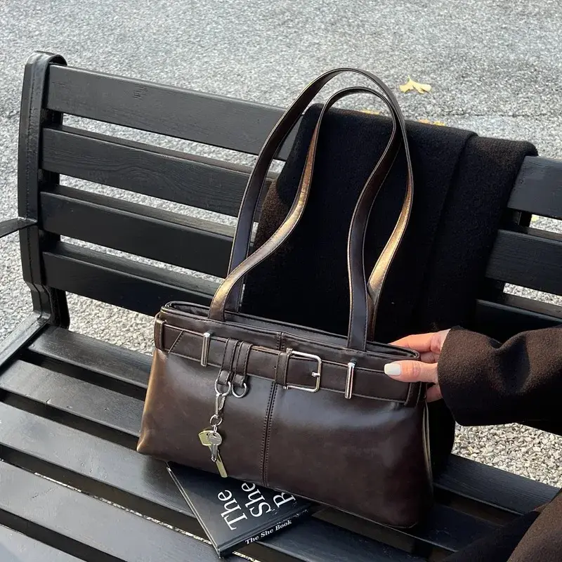 Quality PU Leather Maillard Shoulder Bag Retro Belt Design Women's Underarm Tote Bag Fashionable 2025 Hot Sale Bags for Women