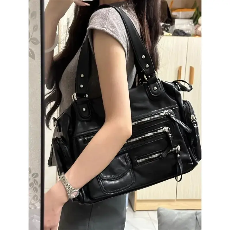 Vintage Punk Women Tote Bags 2025Trend Large Capacity Crossbody Shoulder Bags  Mujer Moto Style Multi Pockets Commute Bolso
