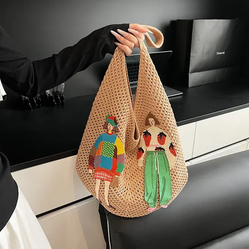 Hollow Mesh Knitted Shoulder Bag Beach Vacation Slouchy Chic Cartoon Tote Bag Lightweight Laid-Back Casual Woven Women Handbag