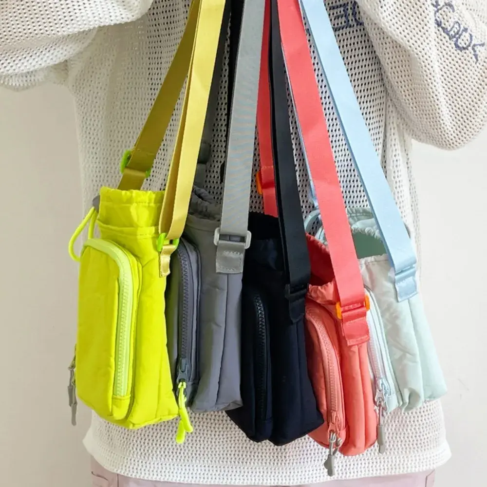 Portable Casual Drawstring Crossbody Bag Light Running Sport Water Bottle Bag With Strap Cup Sleeve Nylon Waterproof Phone Bag