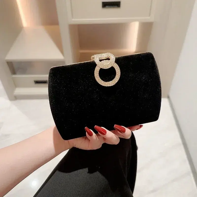 Ladies Autumn Winter Velvet Box Dinner Bag Sparkly Rhinestone Decoration Banquet Bag Clutch Evening Dress Bag Party Designer