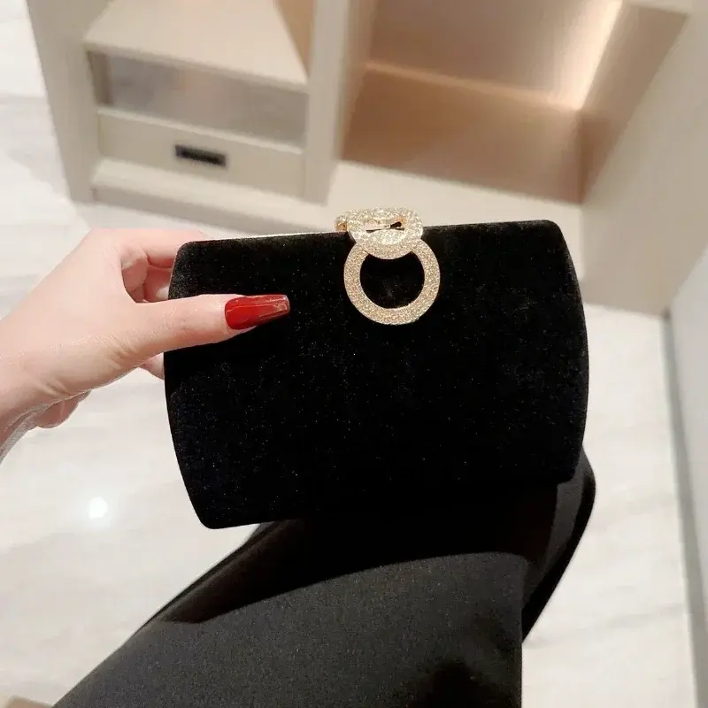 Ladies Autumn Winter Velvet Box Dinner Bag Sparkly Rhinestone Decoration Banquet Bag Clutch Evening Dress Bag Party Designer