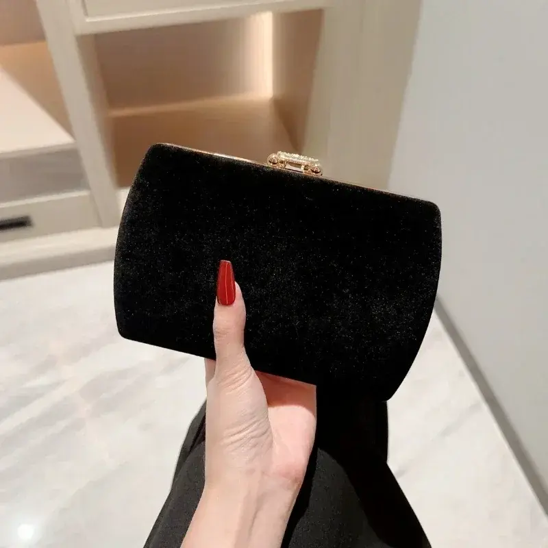 Ladies Autumn Winter Velvet Box Dinner Bag Sparkly Rhinestone Decoration Banquet Bag Clutch Evening Dress Bag Party Designer