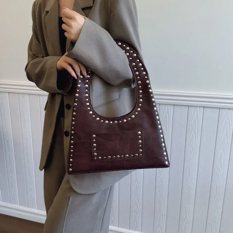 Retro Maillard Style Rivet Decorative Shoulder Bag European American Motorcycle Style Armpit Bag Trend Studded Handbag For Women