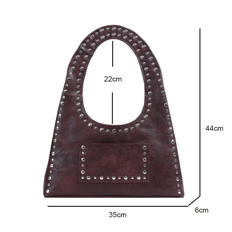 Retro Maillard Style Rivet Decorative Shoulder Bag European American Motorcycle Style Armpit Bag Trend Studded Handbag For Women