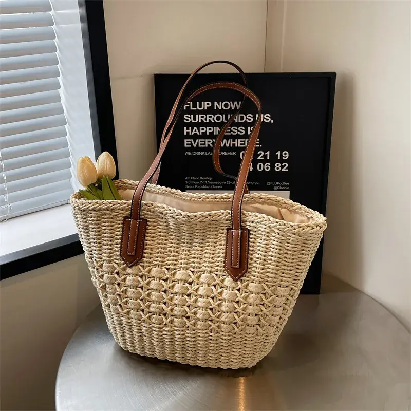Summer Straw Bags for Women Straw Shoulder Bags Rattan Woven Top Handle Bag Hollow Raffia Crochet Beach Bag Casual Handbags