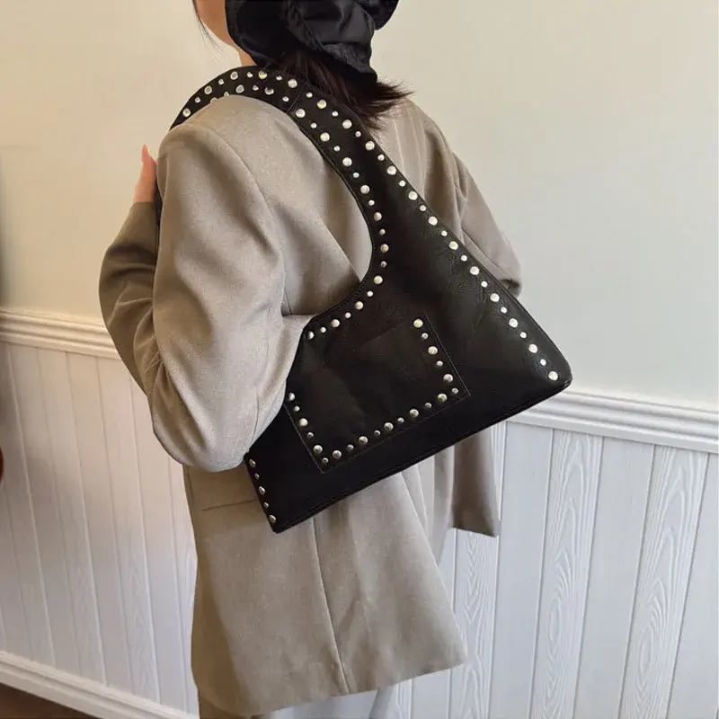Retro Maillard Style Rivet Decorative Shoulder Bag European American Motorcycle Style Armpit Bag Trend Studded Handbag For Women