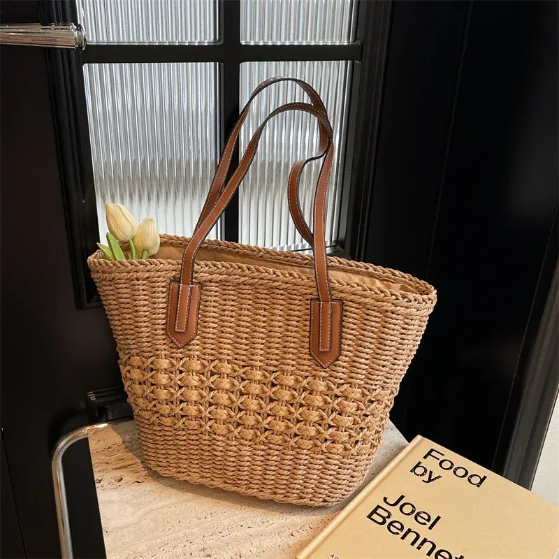 Summer Straw Bags for Women Straw Shoulder Bags Rattan Woven Top Handle Bag Hollow Raffia Crochet Beach Bag Casual Handbags