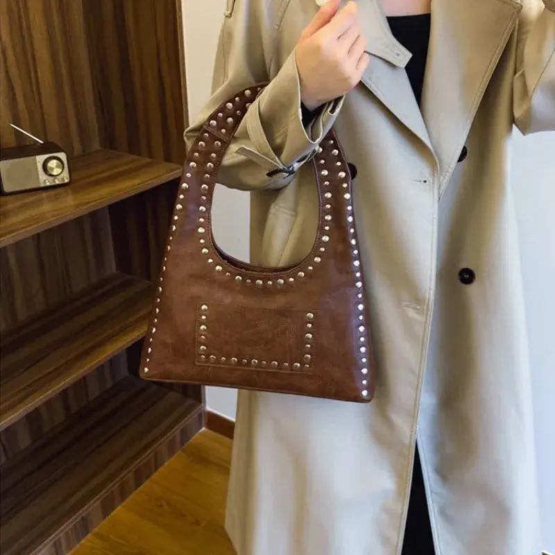 Retro Maillard Style Rivet Decorative Shoulder Bag European American Motorcycle Style Armpit Bag Trend Studded Handbag For Women