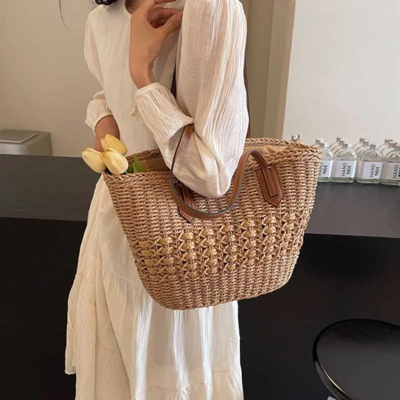 Summer Straw Bags for Women Straw Shoulder Bags Rattan Woven Top Handle Bag Hollow Raffia Crochet Beach Bag Casual Handbags