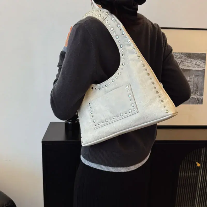 Retro Maillard Style Rivet Decorative Shoulder Bag European American Motorcycle Style Armpit Bag Trend Studded Handbag For Women