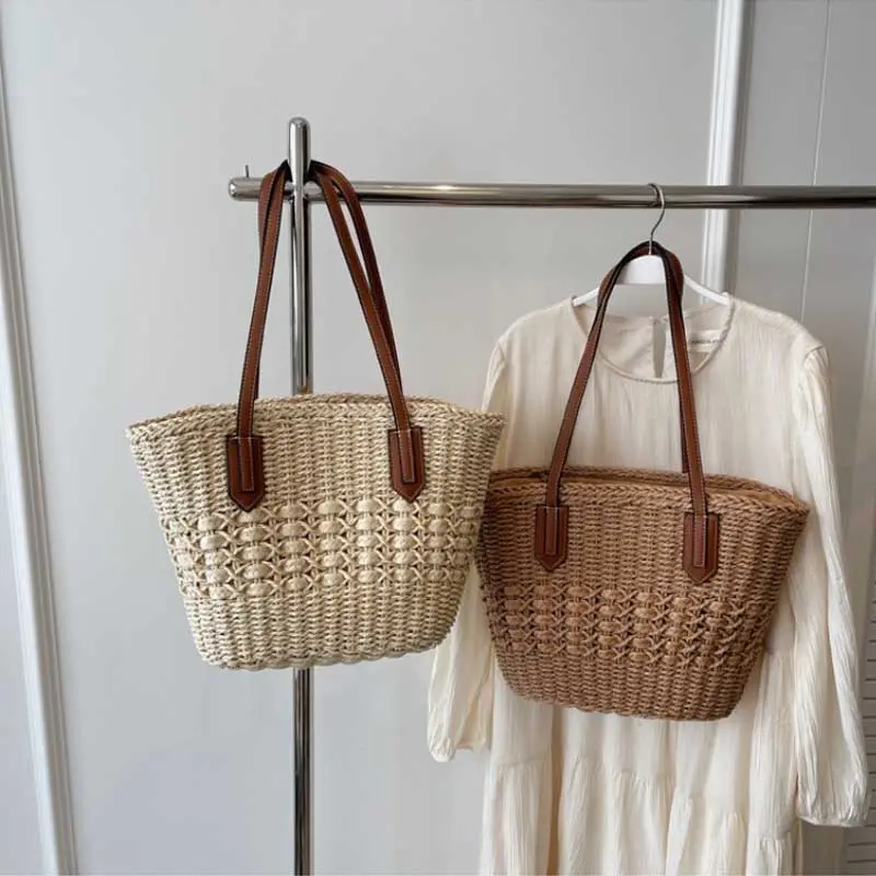 Summer Straw Bags for Women Straw Shoulder Bags Rattan Woven Top Handle Bag Hollow Raffia Crochet Beach Bag Casual Handbags