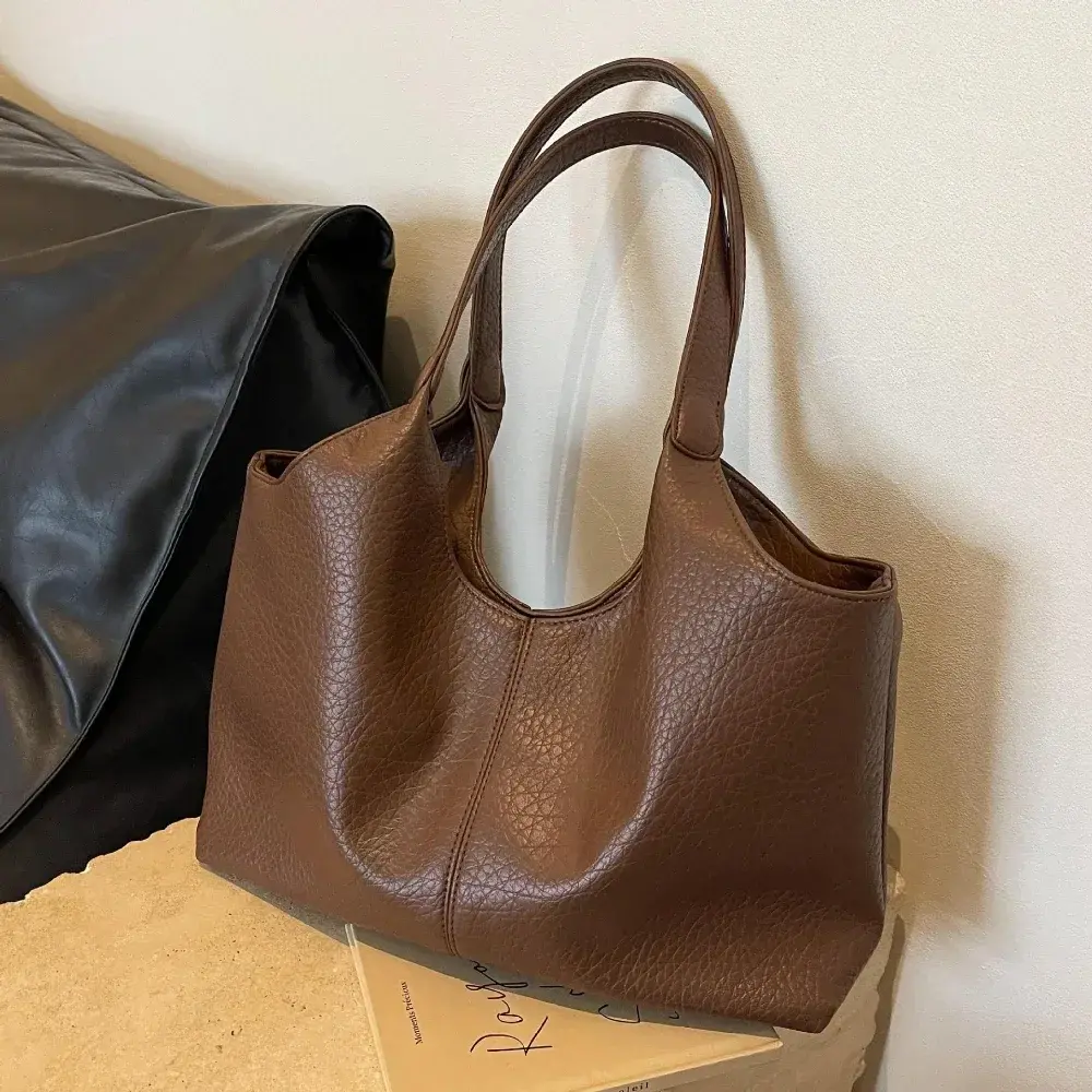 Fashion Retro Leather Tote Bags for Women 2025 Trend Female Simple Large Capacity Shoulder Bag Big Solid Color Handbags Purse