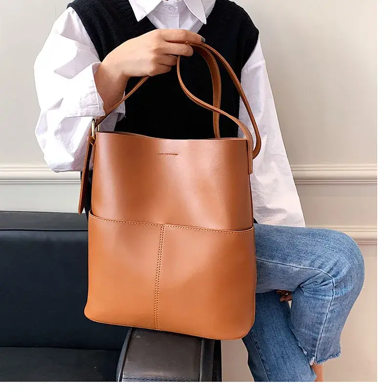 Fashionable 2025 Women's Leather Shoulder Bucket Bags Handbags Winter Fall Autumn Femme Design Casual Sac De Luxe Femme Vintage