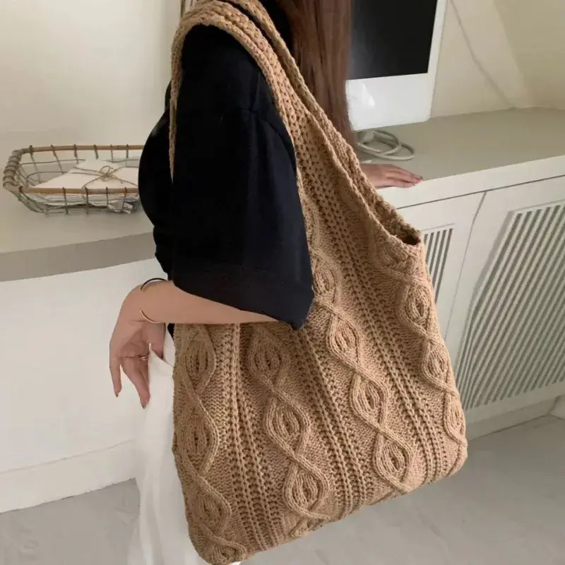 Wool Knitted Shoulder Shopping Bag for Women Vintage Cotton Cloth Girls Tote Shopper Bag Large Female Handbag Crochet Bag bolsos