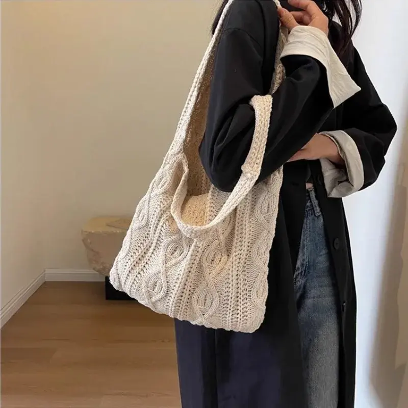 Wool Knitted Shoulder Shopping Bag for Women Vintage Cotton Cloth Girls Tote Shopper Bag Large Female Handbag Crochet Bag bolsos