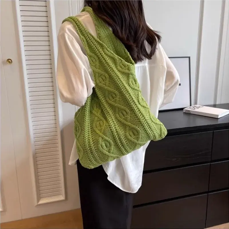 Wool Knitted Shoulder Shopping Bag for Women Vintage Cotton Cloth Girls Tote Shopper Bag Large Female Handbag Crochet Bag bolsos