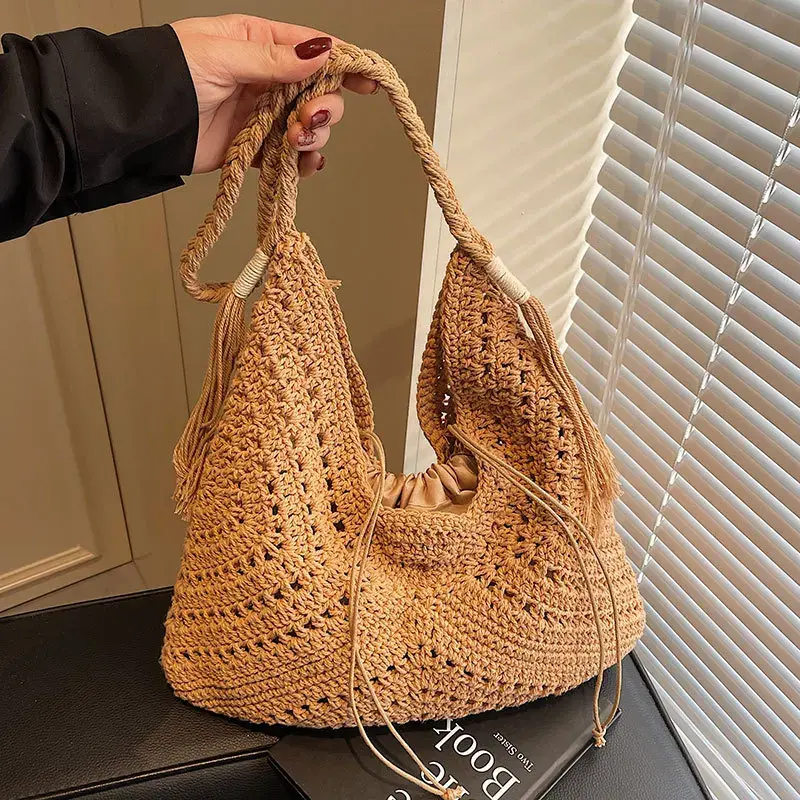 Crochet 2-IN-1 Shoulder Bag Set For Women Raffia Boho Rattan Summer Beach Vacation Tote Bags Knitted Design Handbags Female 2025