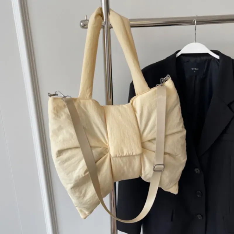 Fashion Bow Nylon Padded Tote Bag Korean Style Shoulder Bags For Women Large Capacity Handbags Y2K Trend Female Crossbody Bag