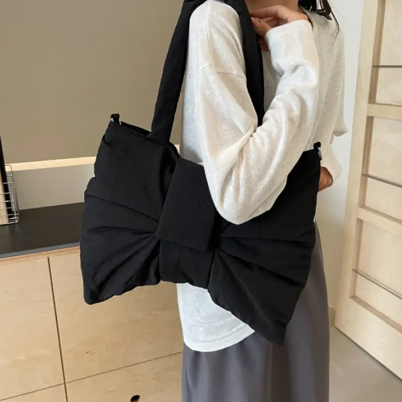 Fashion Bow Nylon Padded Tote Bag Korean Style Shoulder Bags For Women Large Capacity Handbags Y2K Trend Female Crossbody Bag