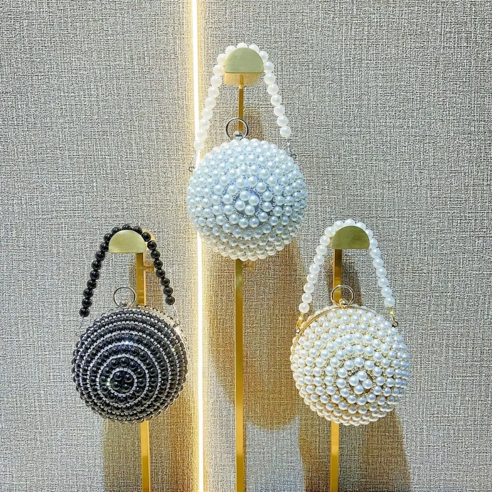 Round Pearl Clutch Purse Handbag Luxury Elegant Evening Bag Ring Handle For Women Bride Bridesmaid Wedding Party Handbag Purses