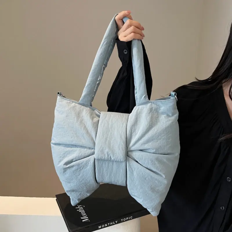 Fashion Bow Nylon Padded Tote Bag Korean Style Shoulder Bags For Women Large Capacity Handbags Y2K Trend Female Crossbody Bag