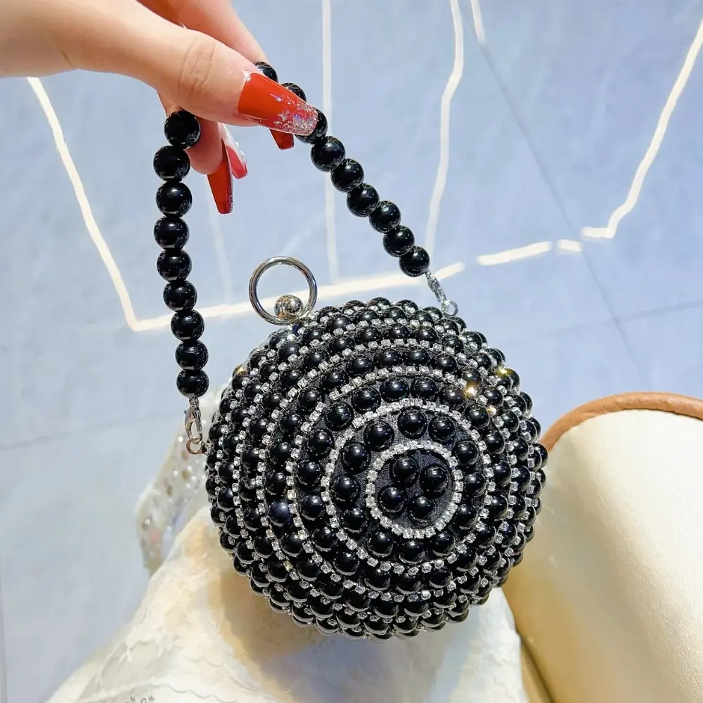 Round Pearl Clutch Purse Handbag Luxury Elegant Evening Bag Ring Handle For Women Bride Bridesmaid Wedding Party Handbag Purses